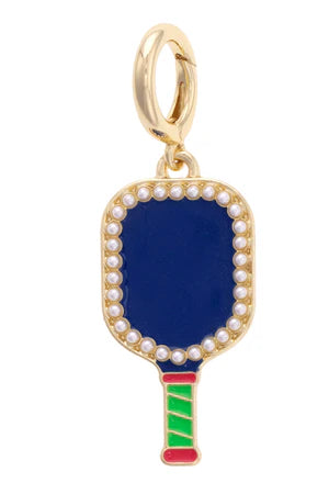 PEARL STUDDED PICKLEBALL PADDLE PENDANT CHARM - NAVY