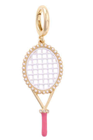 PEARL STUDDED TENNIS RACKET PENDANT CHARM - PINK