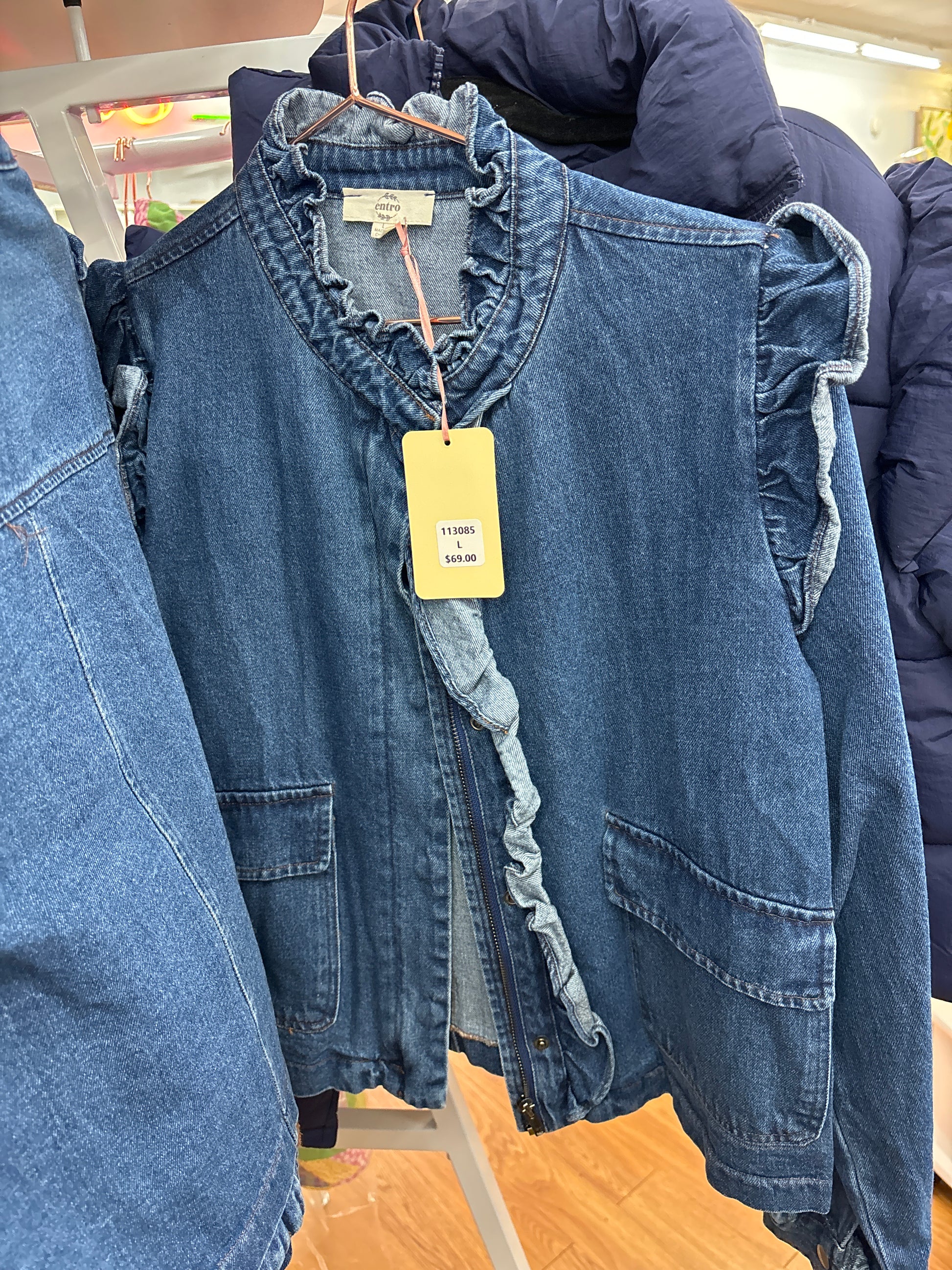 DARK DENIM JACKET W/RUFFLE TRIM - L - Pharm Favorites by Economy Pharmacy