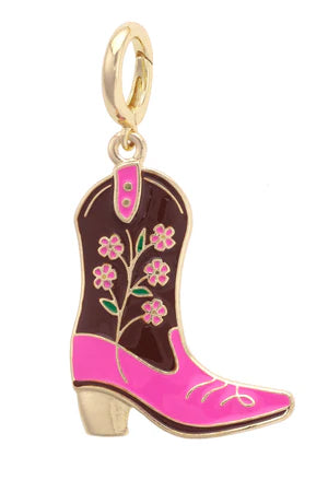 COWGIRL BOOT ENAMEL PENDANT CHARM - PINK/BROWN