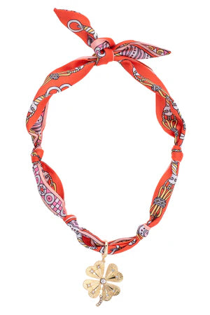 BRIAR PAVE CLOVER SCARF NECKLACE - CORAL/LT PINK/WHITE