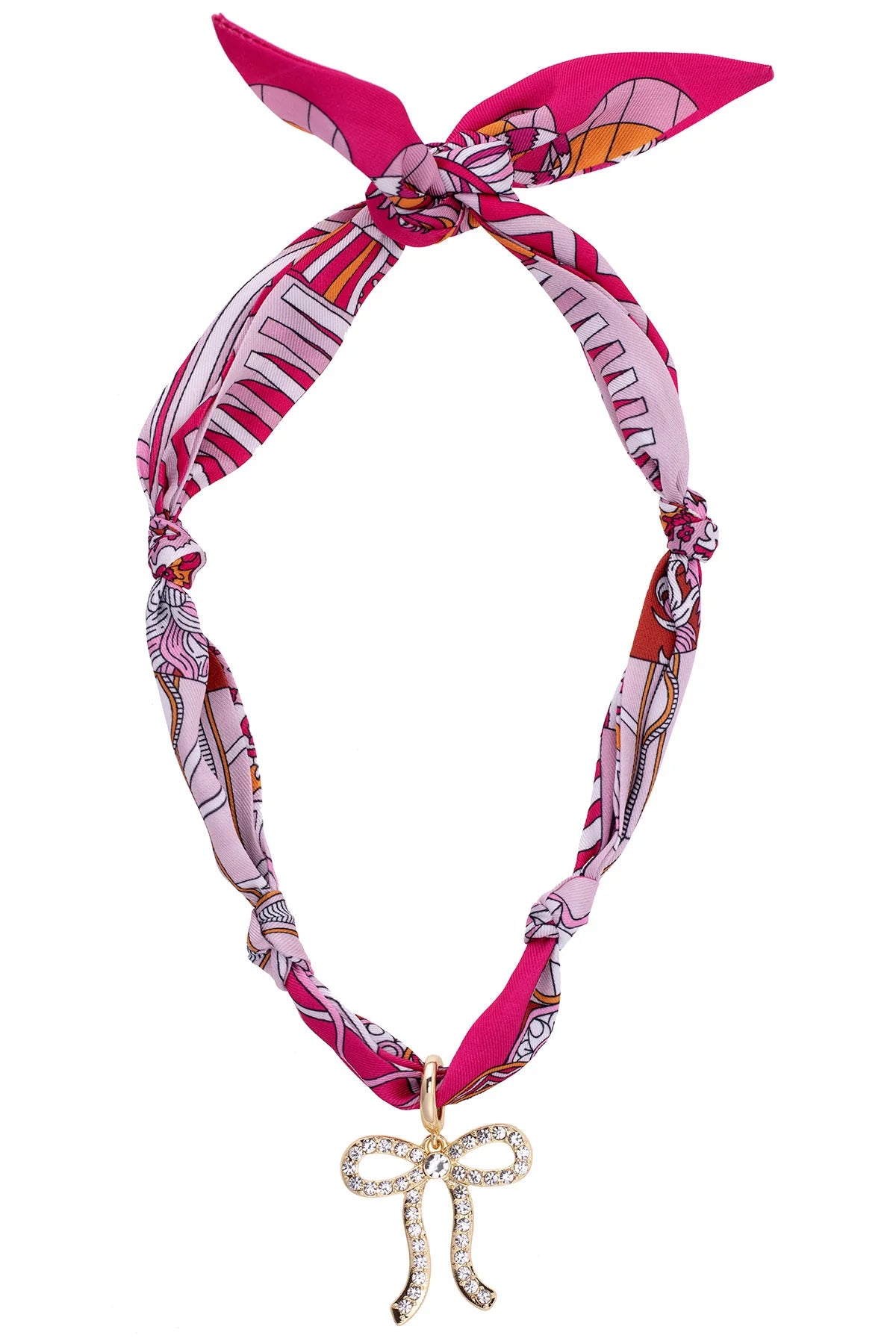 CASSIE PAVE BOW SCARF NECKLACE IN FUCHSIA, ORANGE, & WHITE