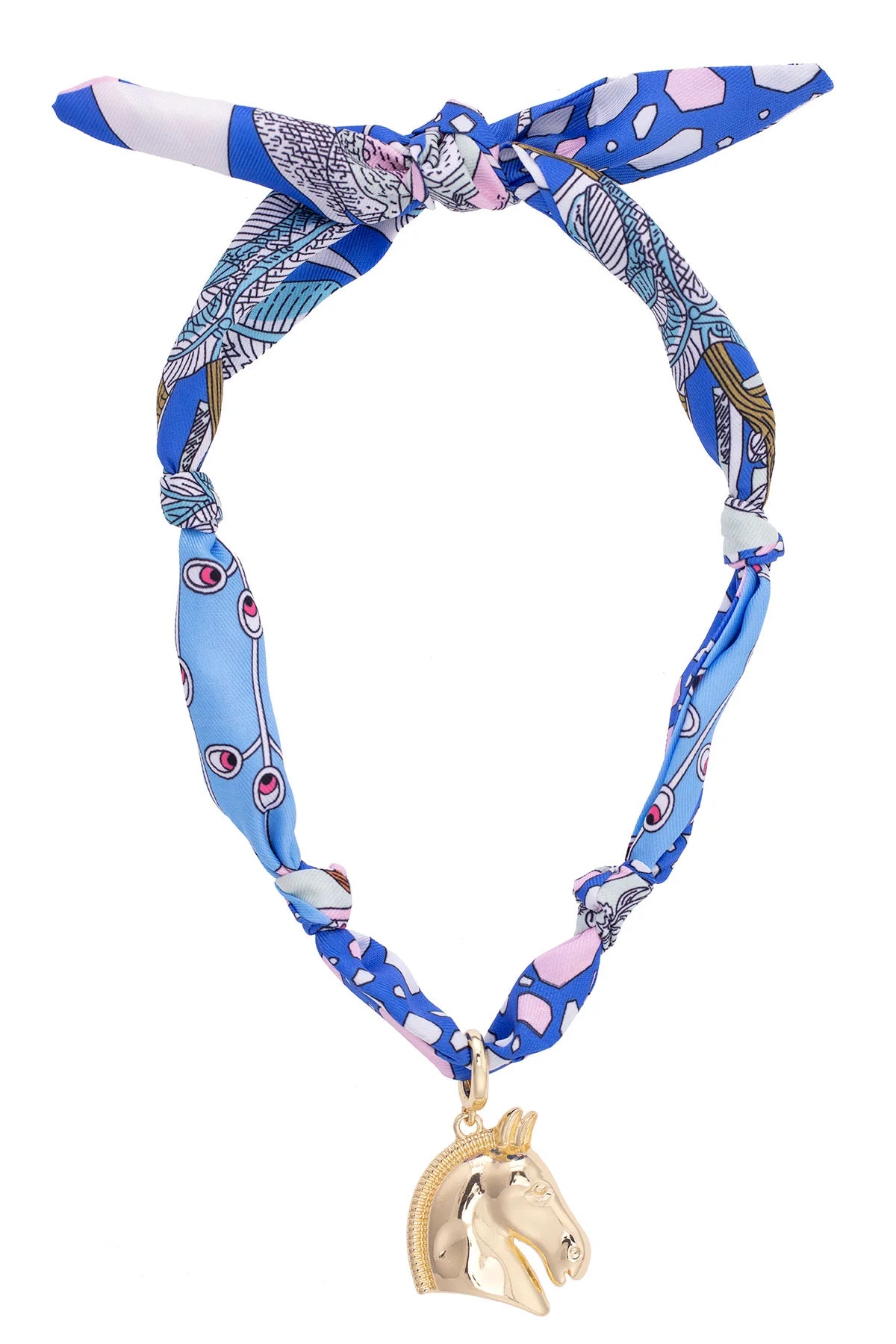 ASH HORSE HEAD SCARF NECKLACE IN LIGHT BLUE, LIGHT PINK, & WHITE