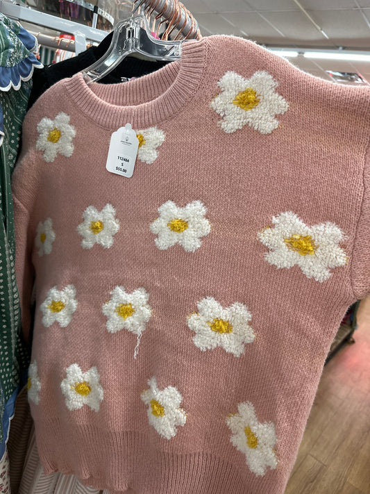 SOFT PINK SWEATER W/WHITE DAISIES