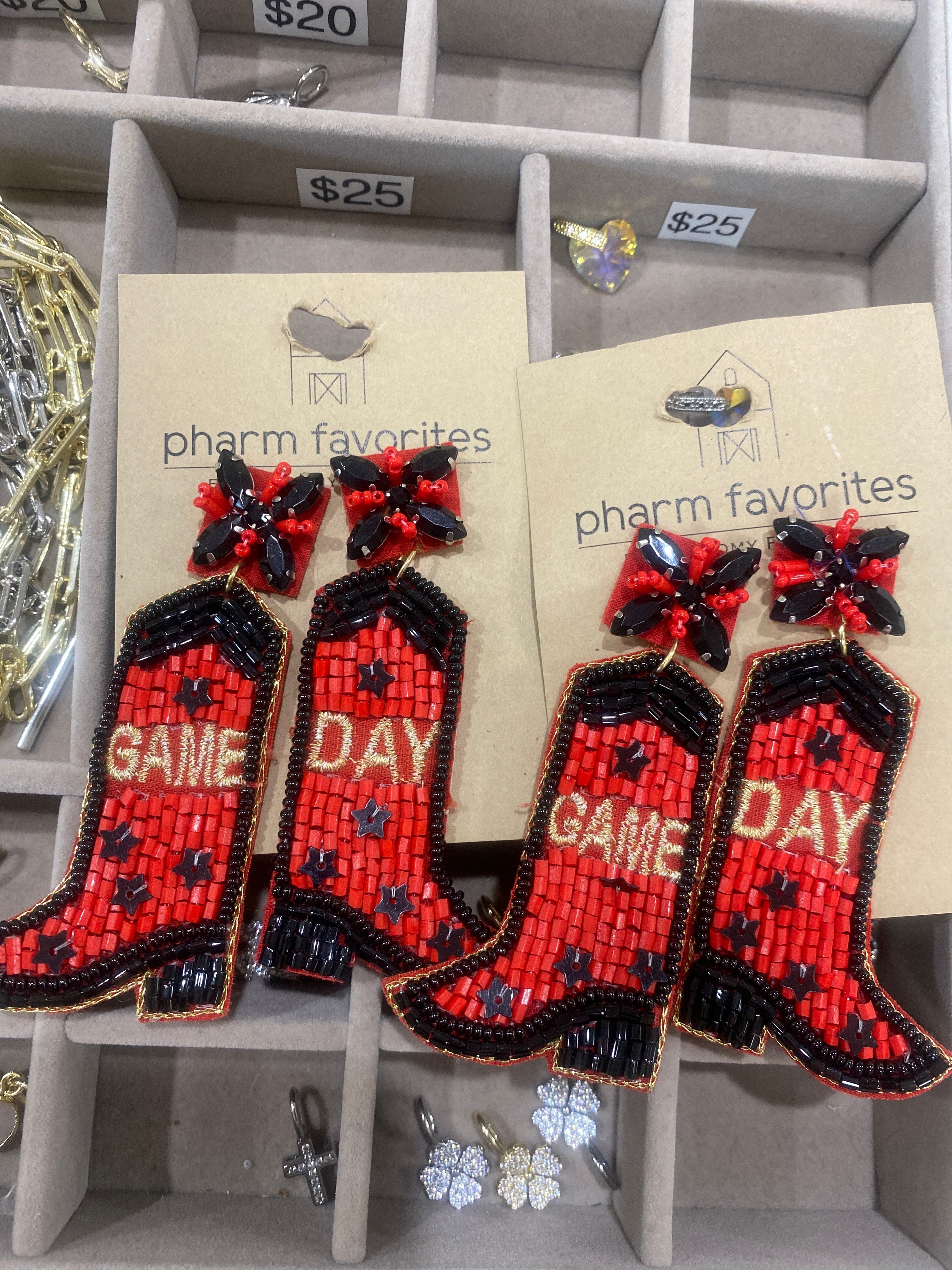 RHINESTONE GAMEDAY BOOT EARRINGS - RED & BLACK