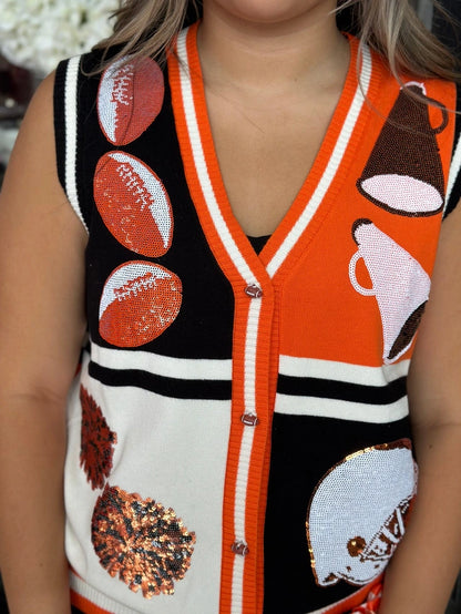 BLACK & ORANGE COLORBLOCK FOOTBALL ICON BUTTON UP SWEATER VEST