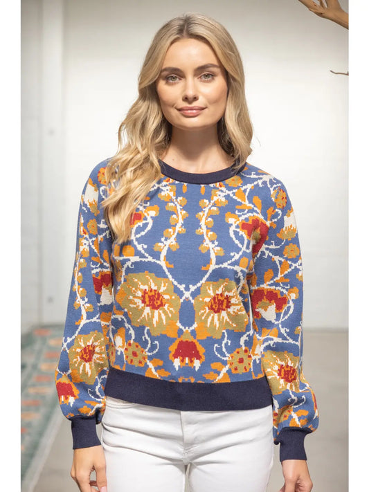 Multicolor Floral and Animal Print Knitted Sweater Top