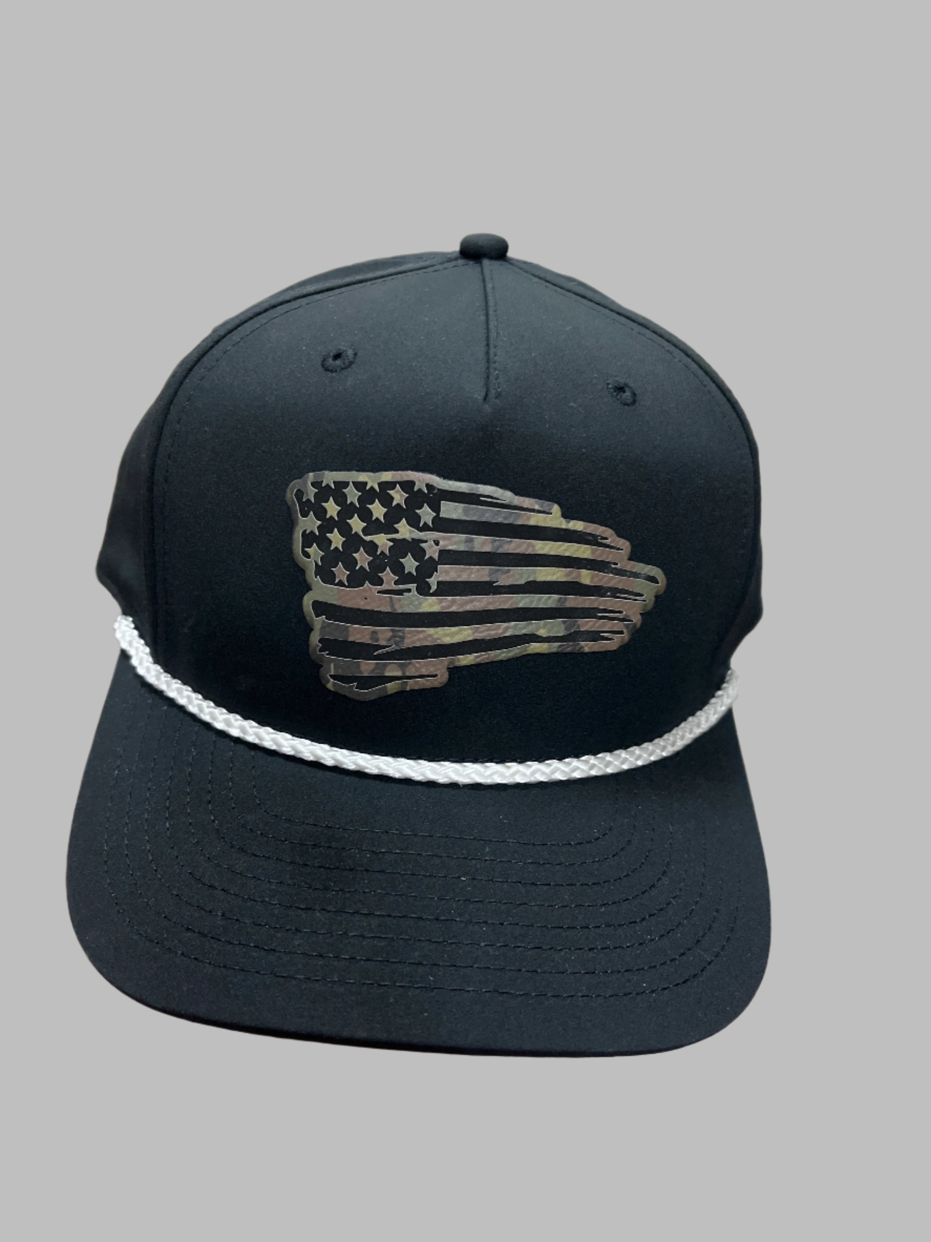 BLACK HAT W/CAMO WAVING FLAG PATCH