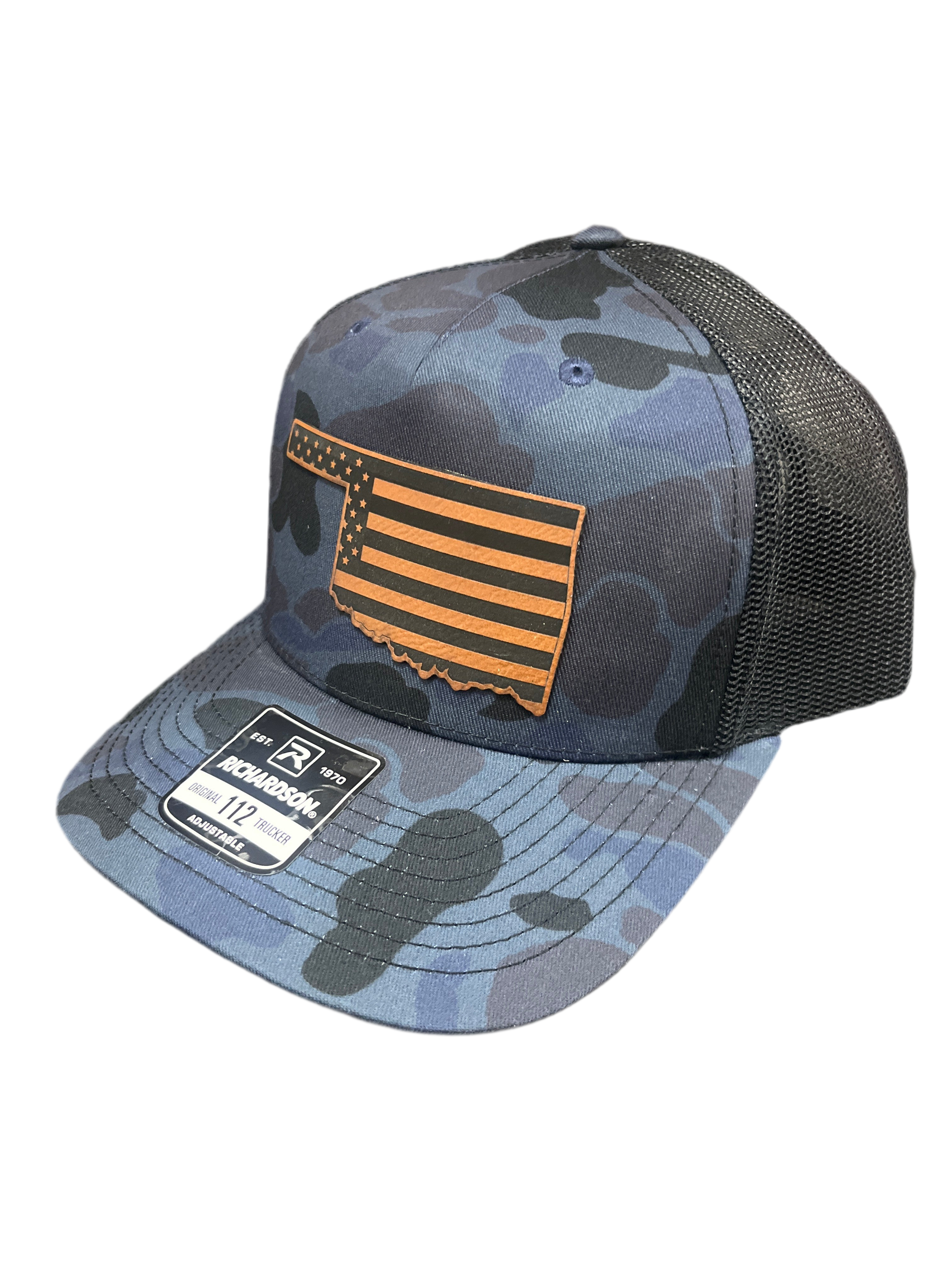 NAVY CAMO/BLACK HAT WITH LEATHER OKLAHOMA FLAG PATCH