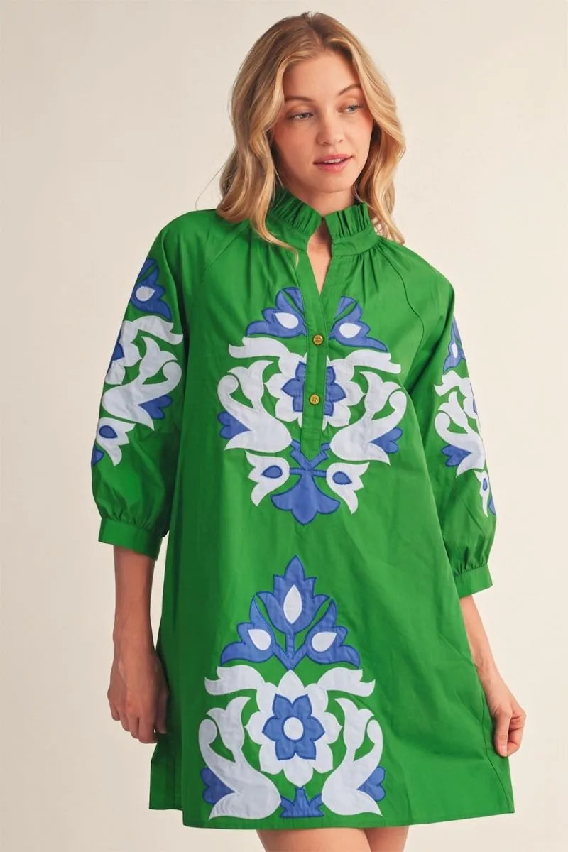 3/4 SLEEVE BAROQUE APPLIQUE DRESS WITH RUFFLED NECKLINE