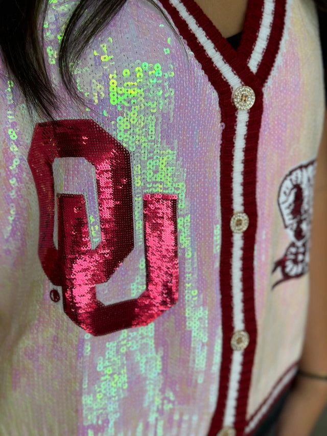 LICENSED WHITE CRIMSON OU FULL SEQUIN BUTTON UP SWEATER VEST