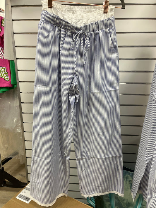 WHITE & BLUE PINSTRIPE PANTS W/LACE TRIM