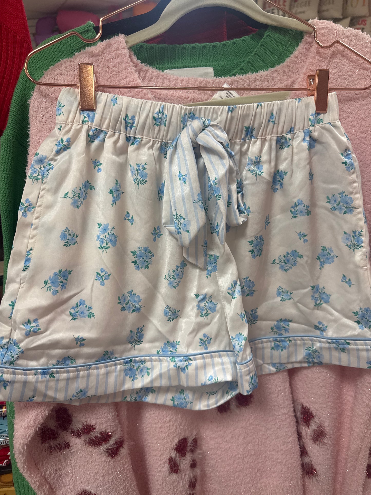 SATIN 2PC PJS- BLUE STRIPE & FLORAL - L