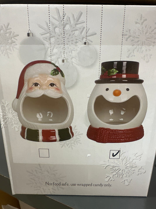 8" SANTA & SNOWMAN CERAMIC CANDY DISH - ASSORTED