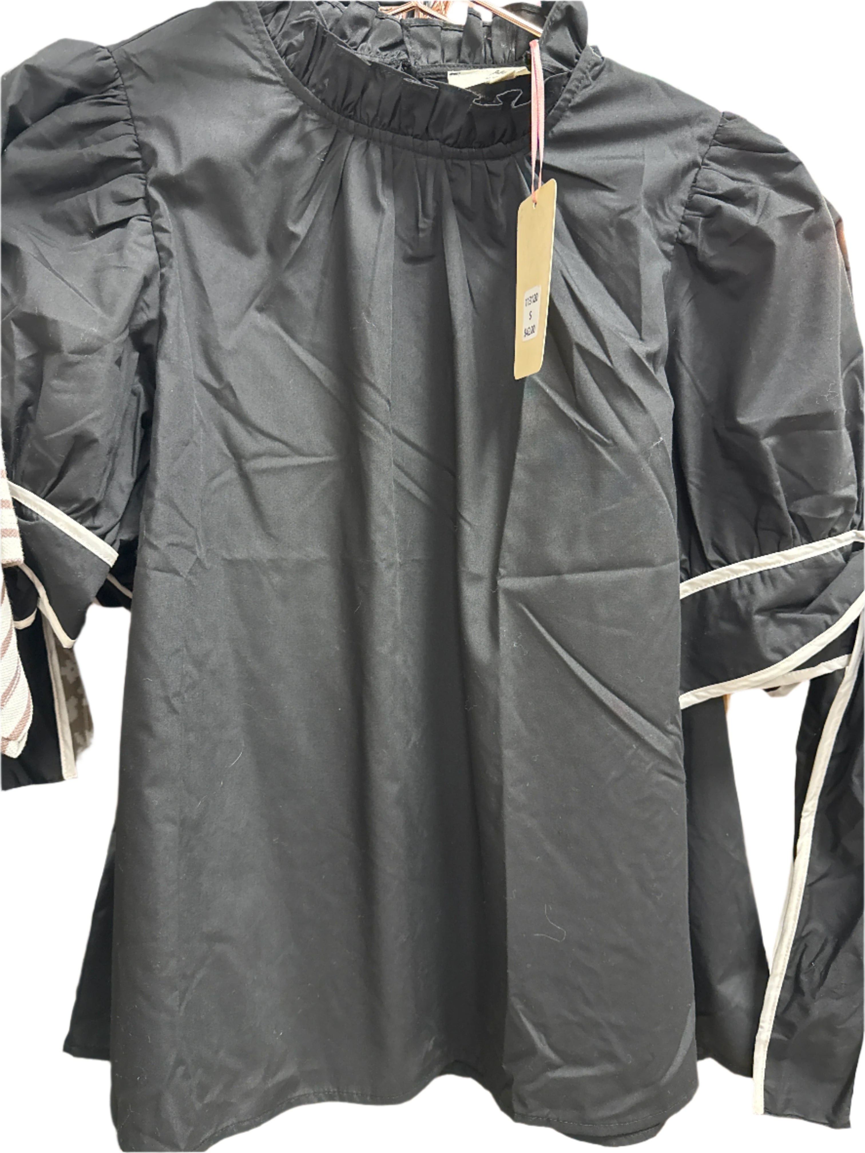 BLACK BLOUSE W/BEIGE CONTRAST BOWS ON SLEEVE