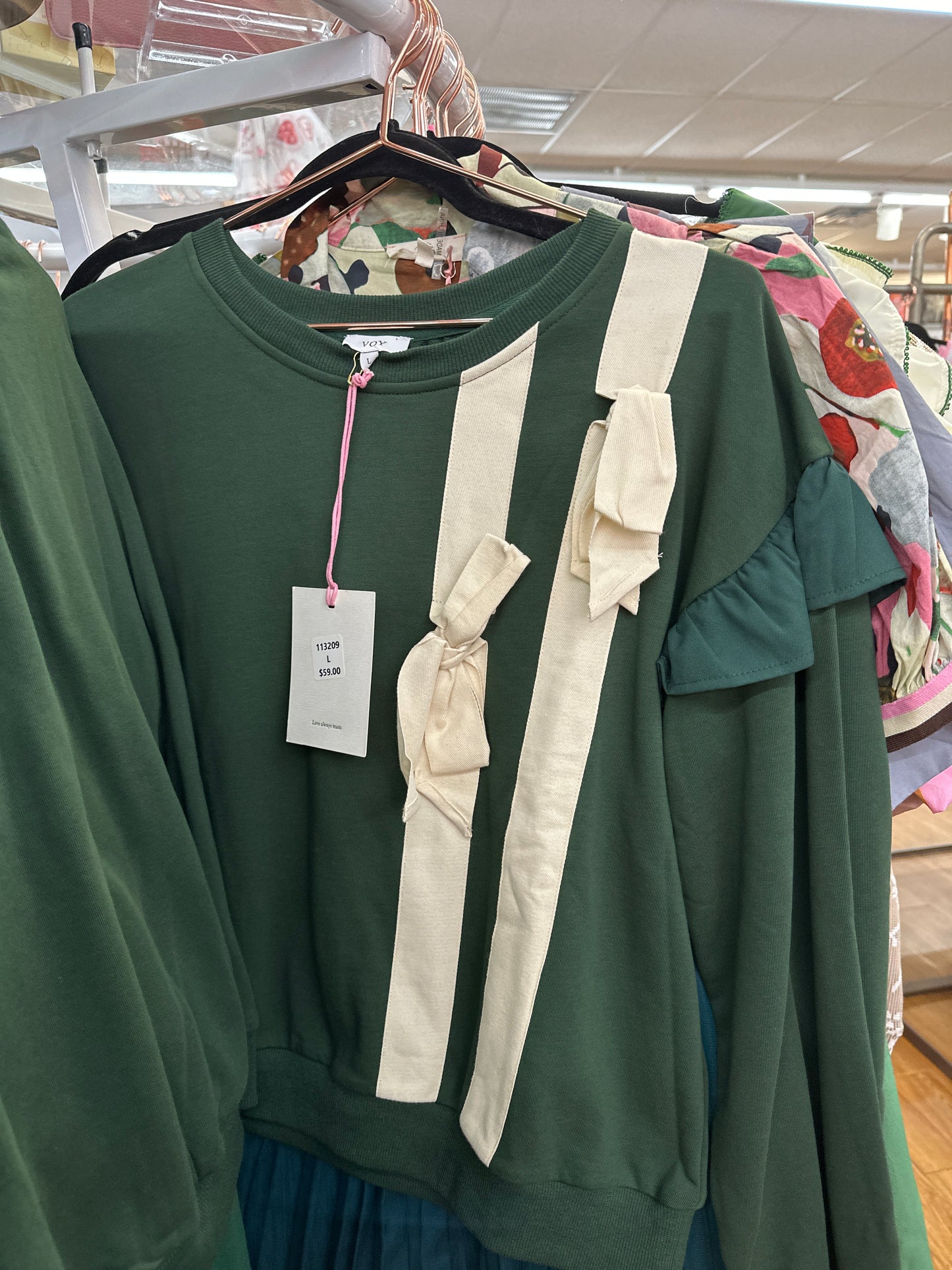 GREEN SWEATSHIRT W/TWILL TAPE BOW