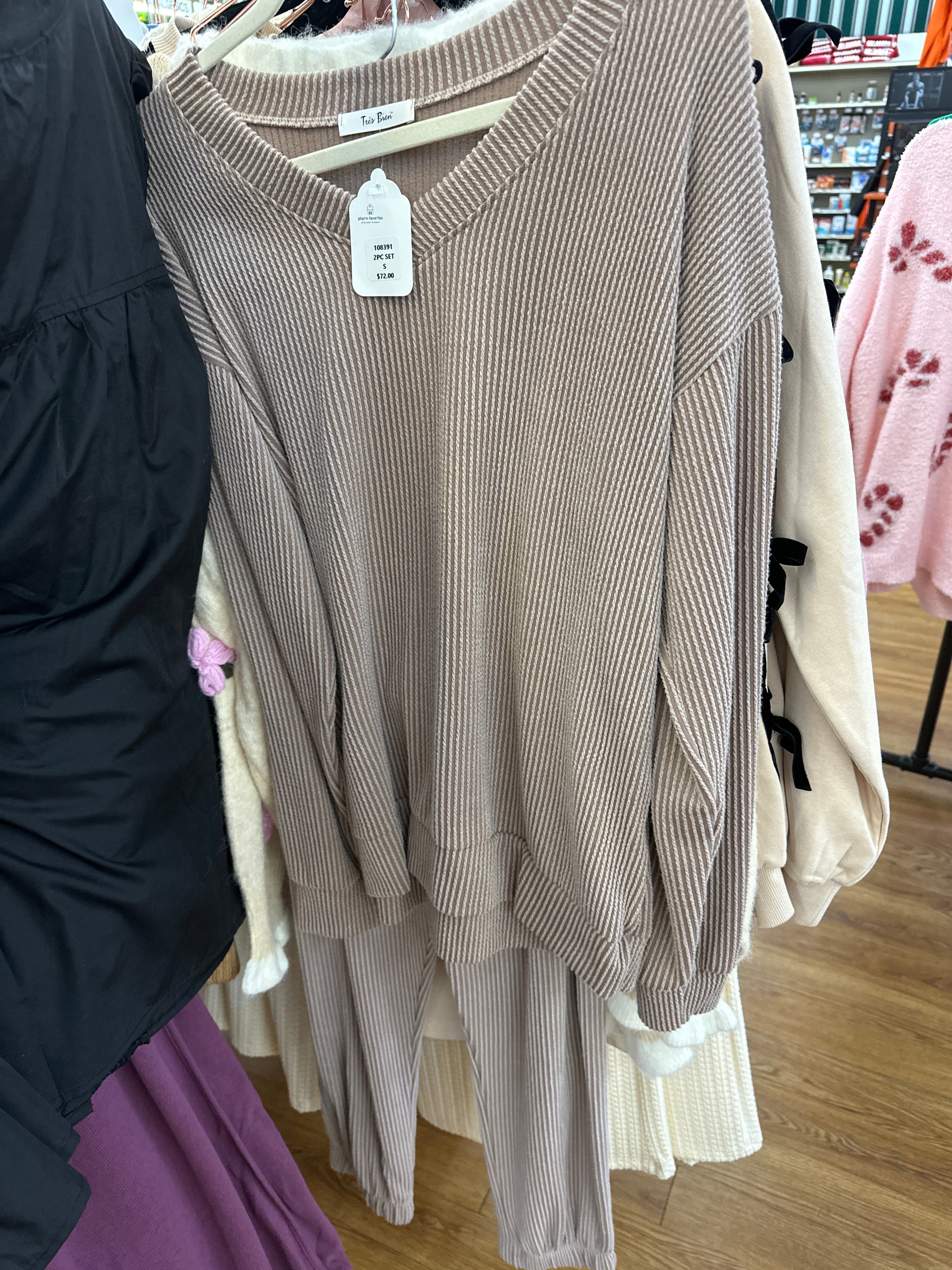 ACORN/MOCHA 2 PC RIBBED SWEATER & PANT SET - S