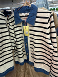CREAM & BLACK STRIPE W/DENIM TRIM JACKET - L