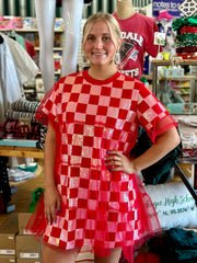 Red/White Mesh Overlay Checkered Tee Dress
