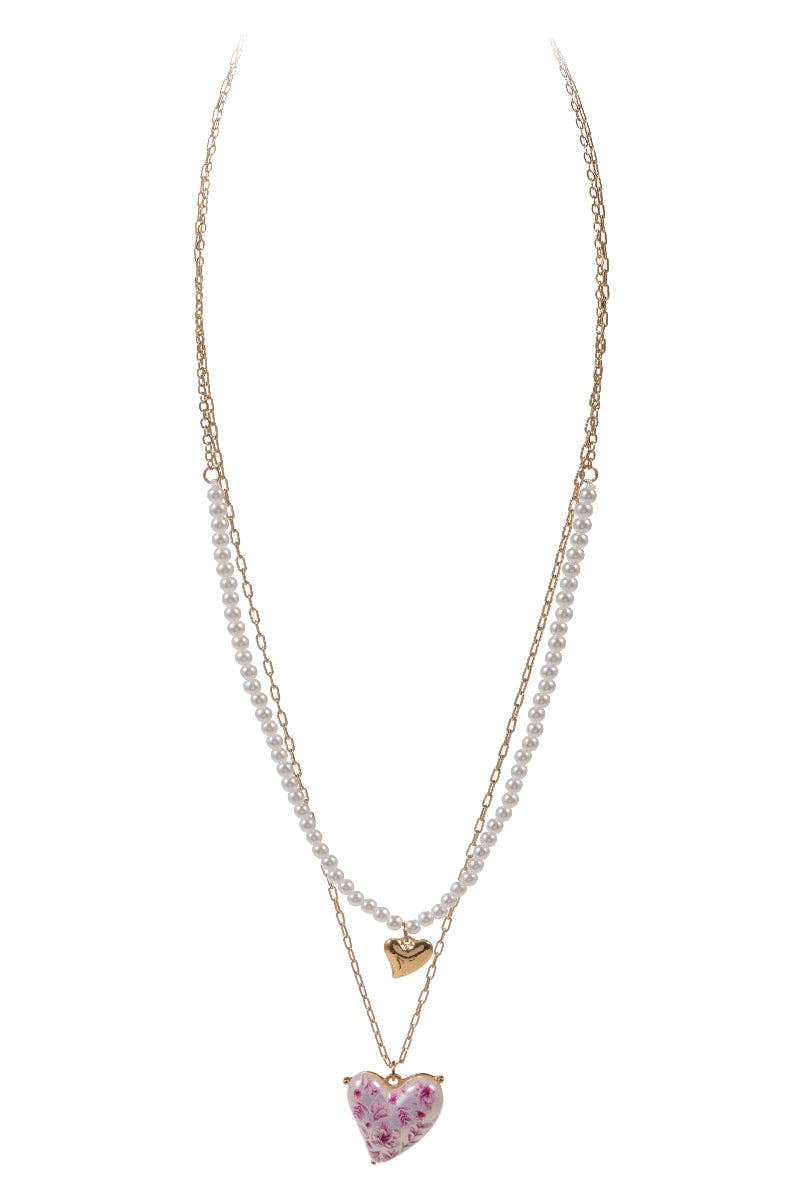 Heart Pearl W Flower 2 Layered Necklace