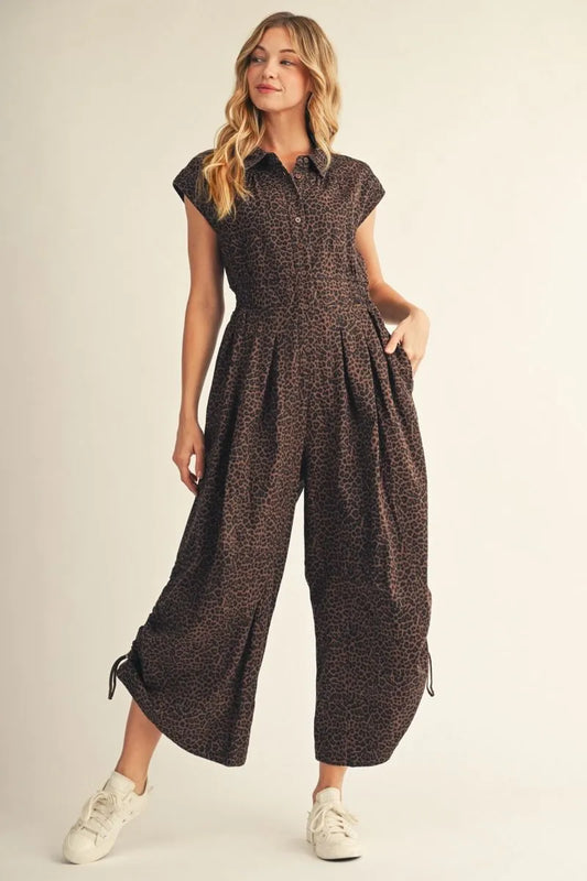 MOCHA LEOPARD BUTTON DOWN WIDE LEG ROMPER