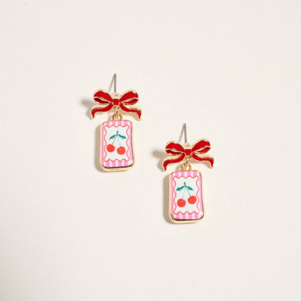 VINTAGE FRUIT PLANT PRINT TILE ENAMEL BOW EARRINGS
