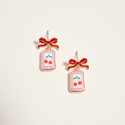 VINTAGE FRUIT PLANT PRINT TILE ENAMEL BOW EARRINGS