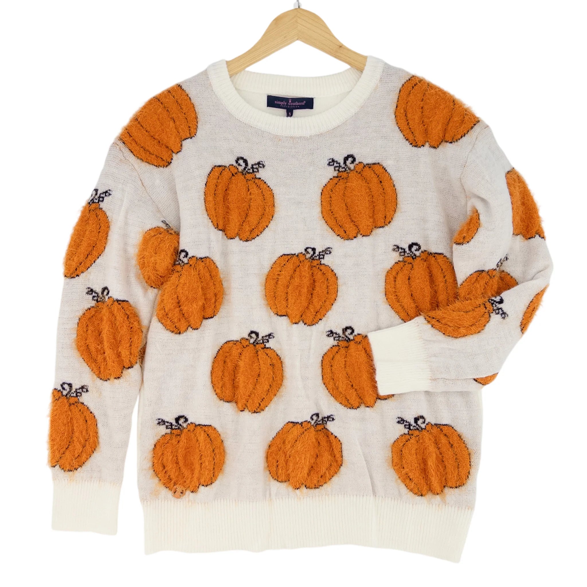 WHITE SWEATER WITH ORANGE FUZZY PUMPKINS