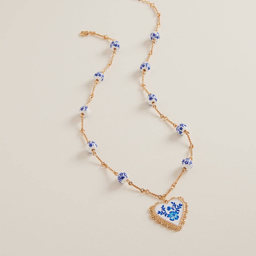 Heart Enamel Charm W Ceramic Beads Short Necklace