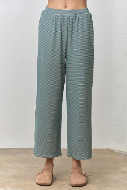 HUNTER GREEN & IVORY MICRO STRIPED 2PC LONG SLEEVE TOP & PANT SET