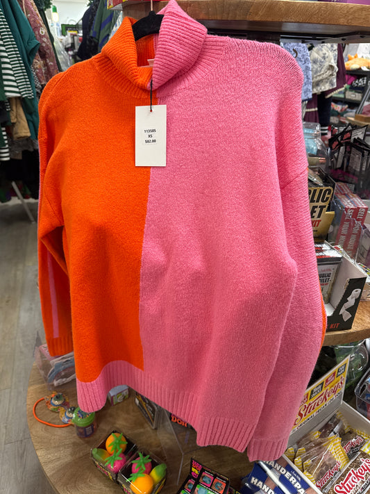 COLORBLOCK TURTLENECK SWEATER - PINK/ORANGE