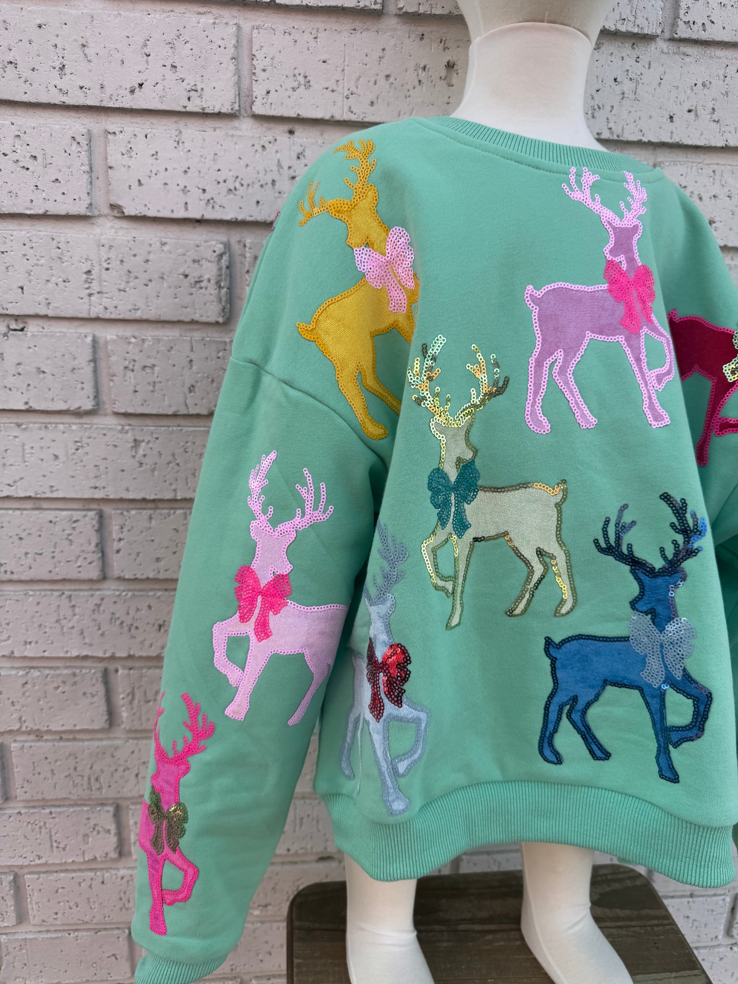 Youth Mint Green Sweatshirt with Velvet Reindeers & Bows