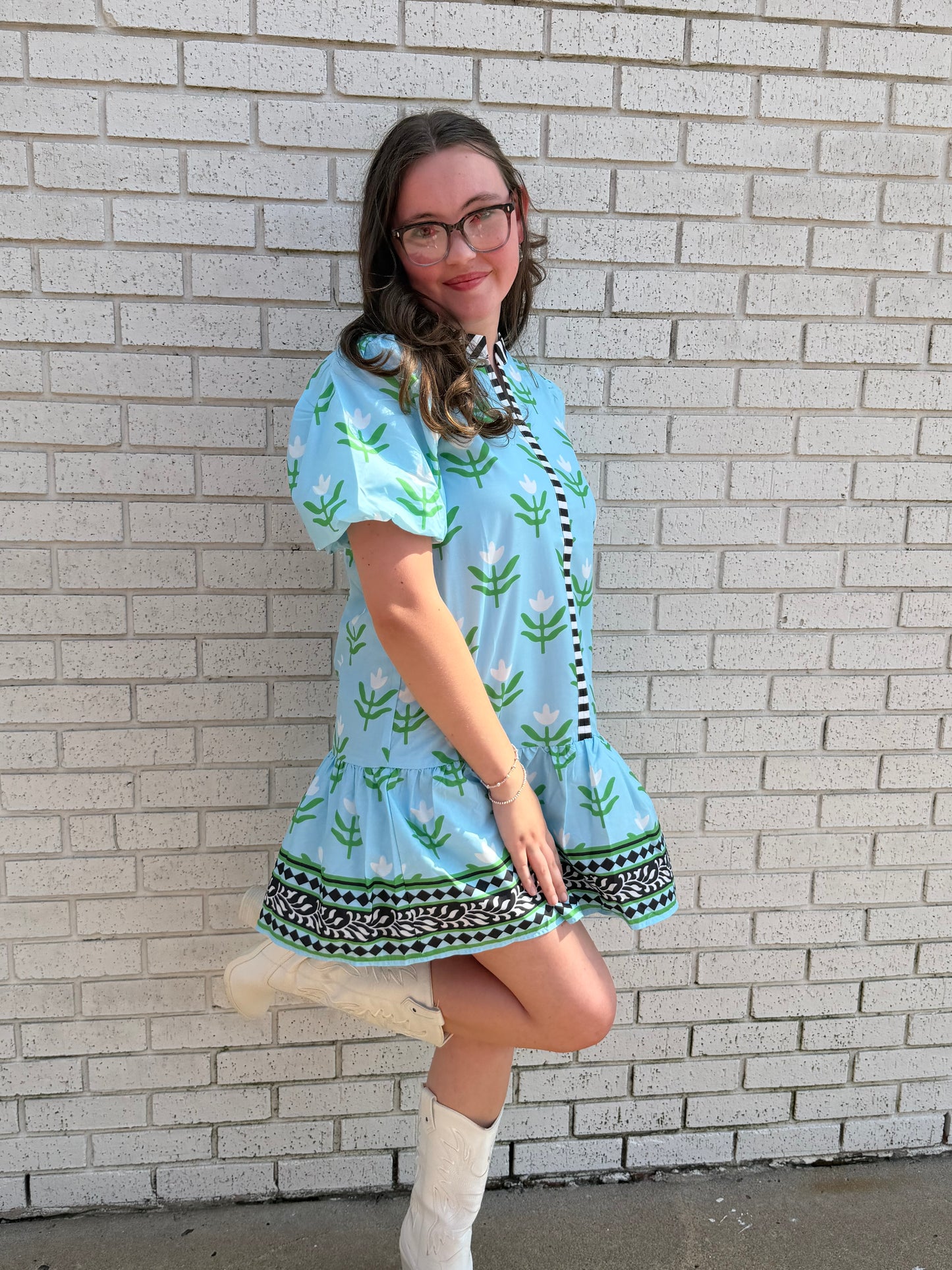 LIGHT BLUE FLORAL PRINT MINI DRESS WITH CONTRAST TRIM