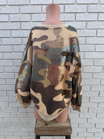 GREEN FULL SEQUIN CAMO SWEATSHIRT