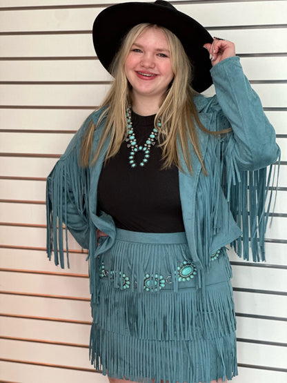 Smoky Aqua Faux Suede Fringed Skirt/Jacket Set