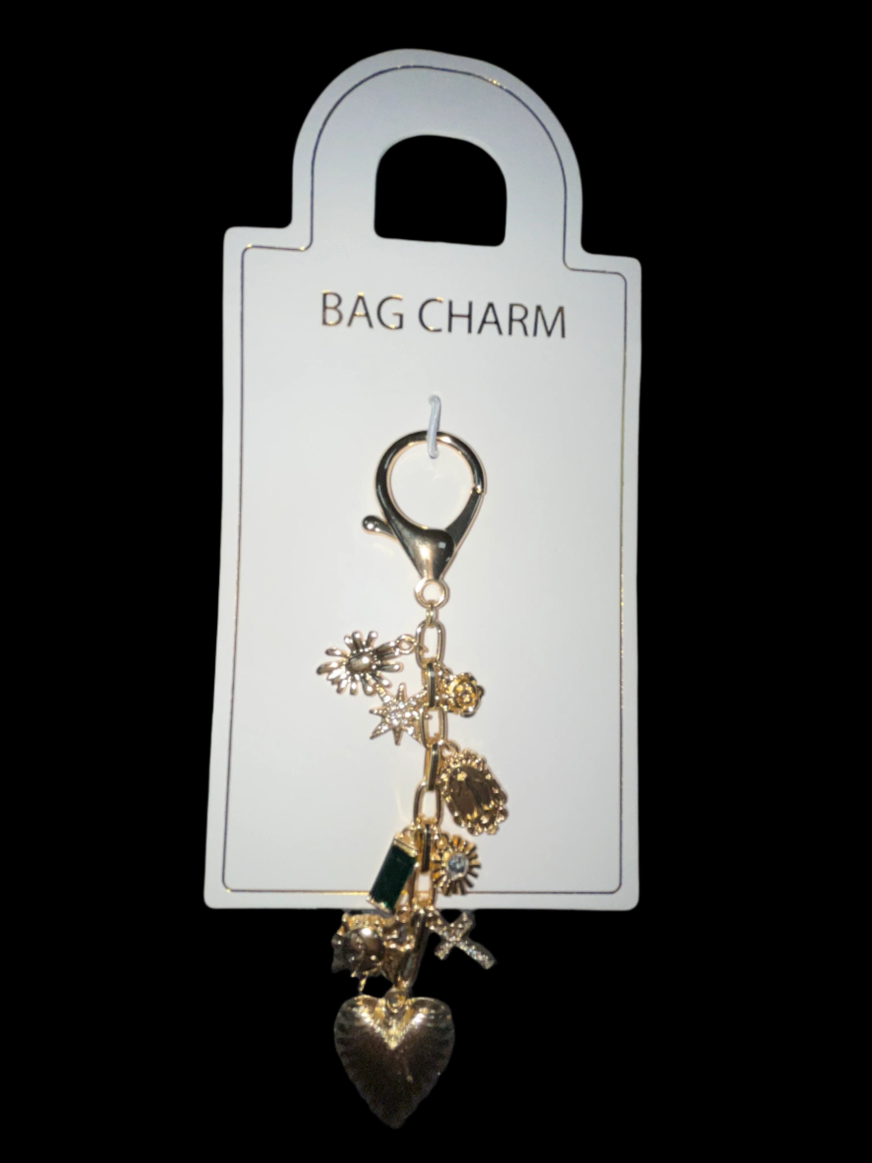 GOLD CHAIN W/CHARMS & GREEN RHINESTONE BAG CHARM/KEYCHAIN