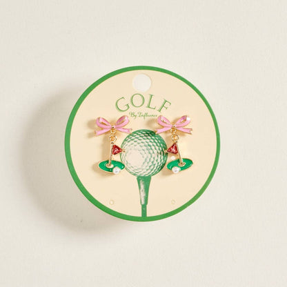 ENAMEL GOLF FLAG MARKER RIBBON BOW STONE PEARL EARRINGS