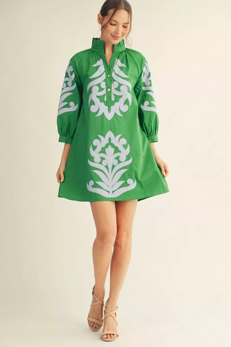 KELLY GREEN V-NECK MINI DRESS WITH LT. BLUE ACCENT