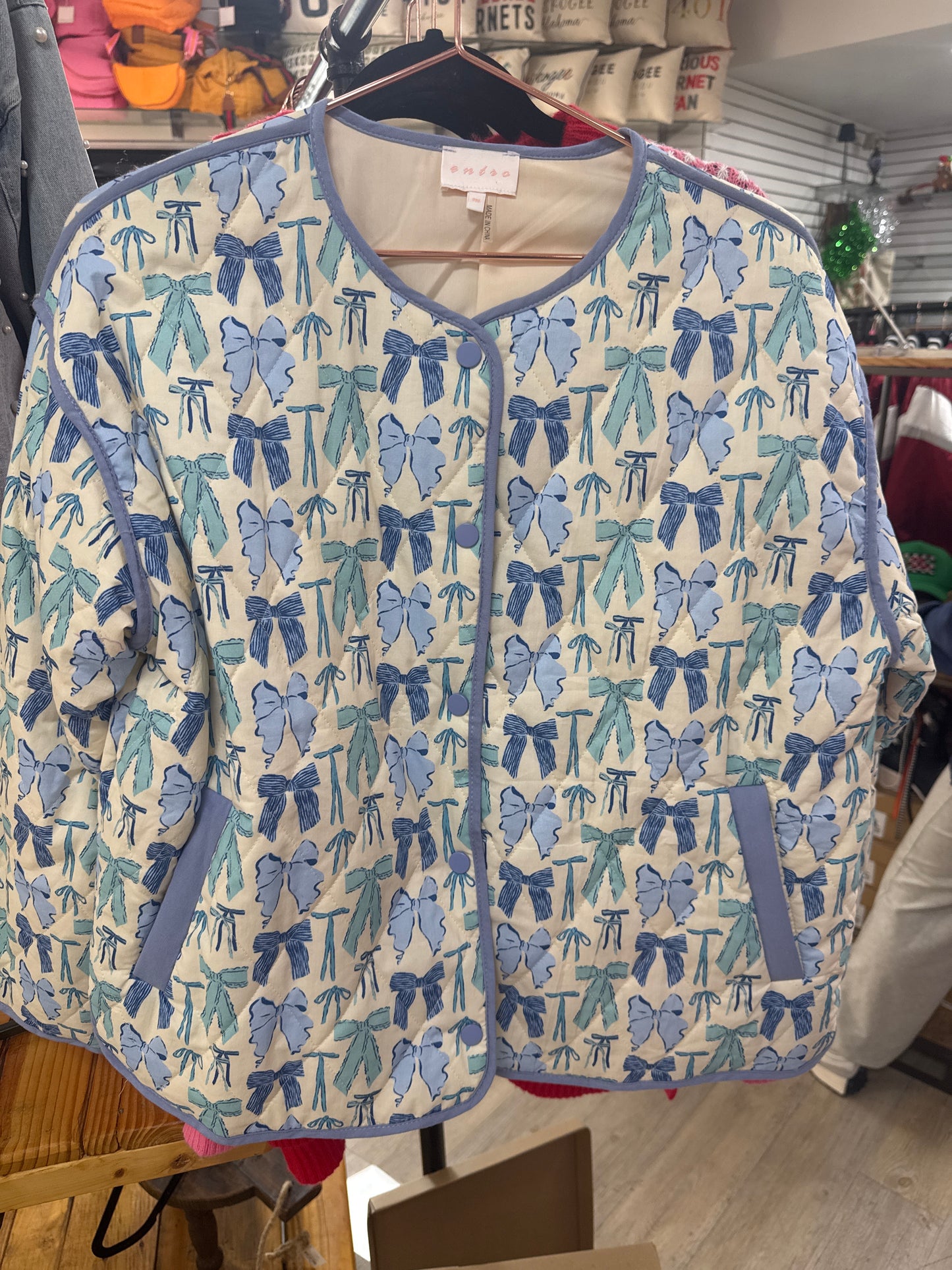 BLUE BOWS QUILTED JACKET - Pharm Favorites by Economy Pharmacy