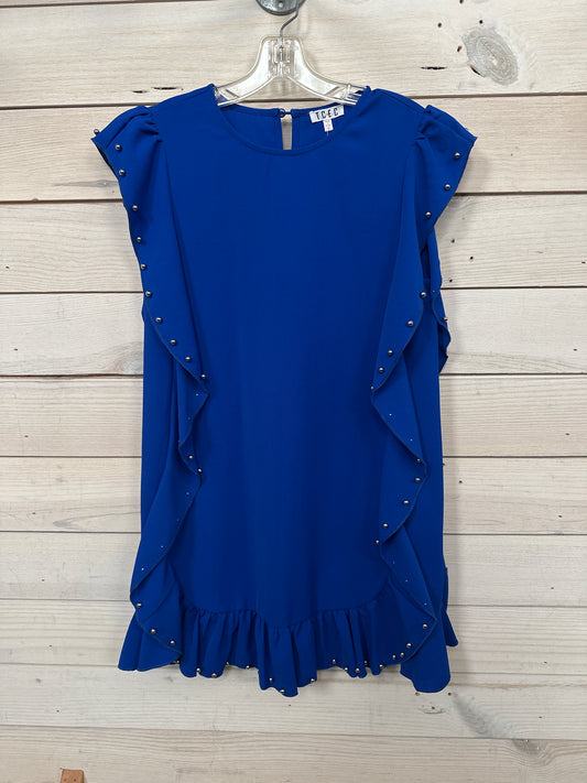 BLUE DRESS W/RUFFLE AND SILVER PEARL DETAIL
