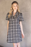 BLACK HOUNDSTOOTH VELVET RUFFLE VNECK SHIFT DRESS
