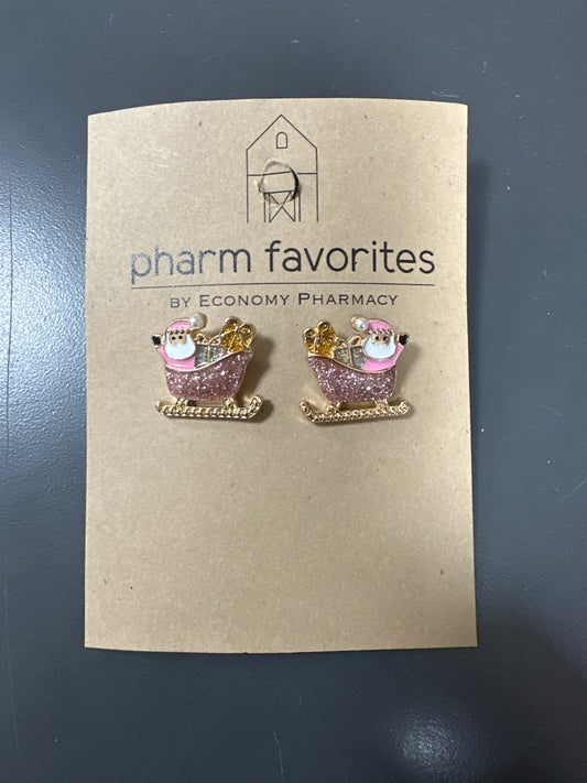 PINK GLITTER SANTA IN SLED EARRINGS