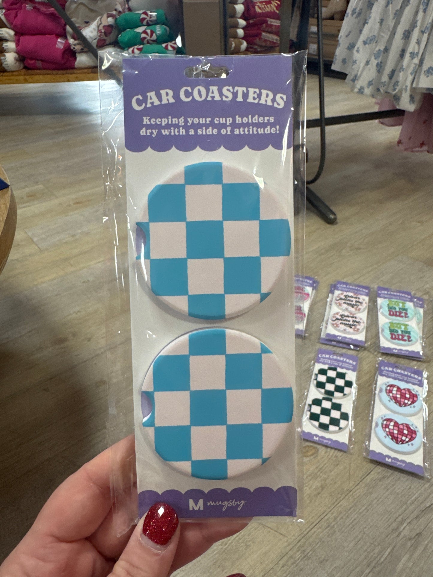CAR COASTERS - 2PC - CHECKERED TURQUOISE