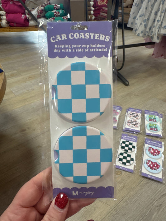 CAR COASTERS - 2PC - CHECKERED TURQUOISE