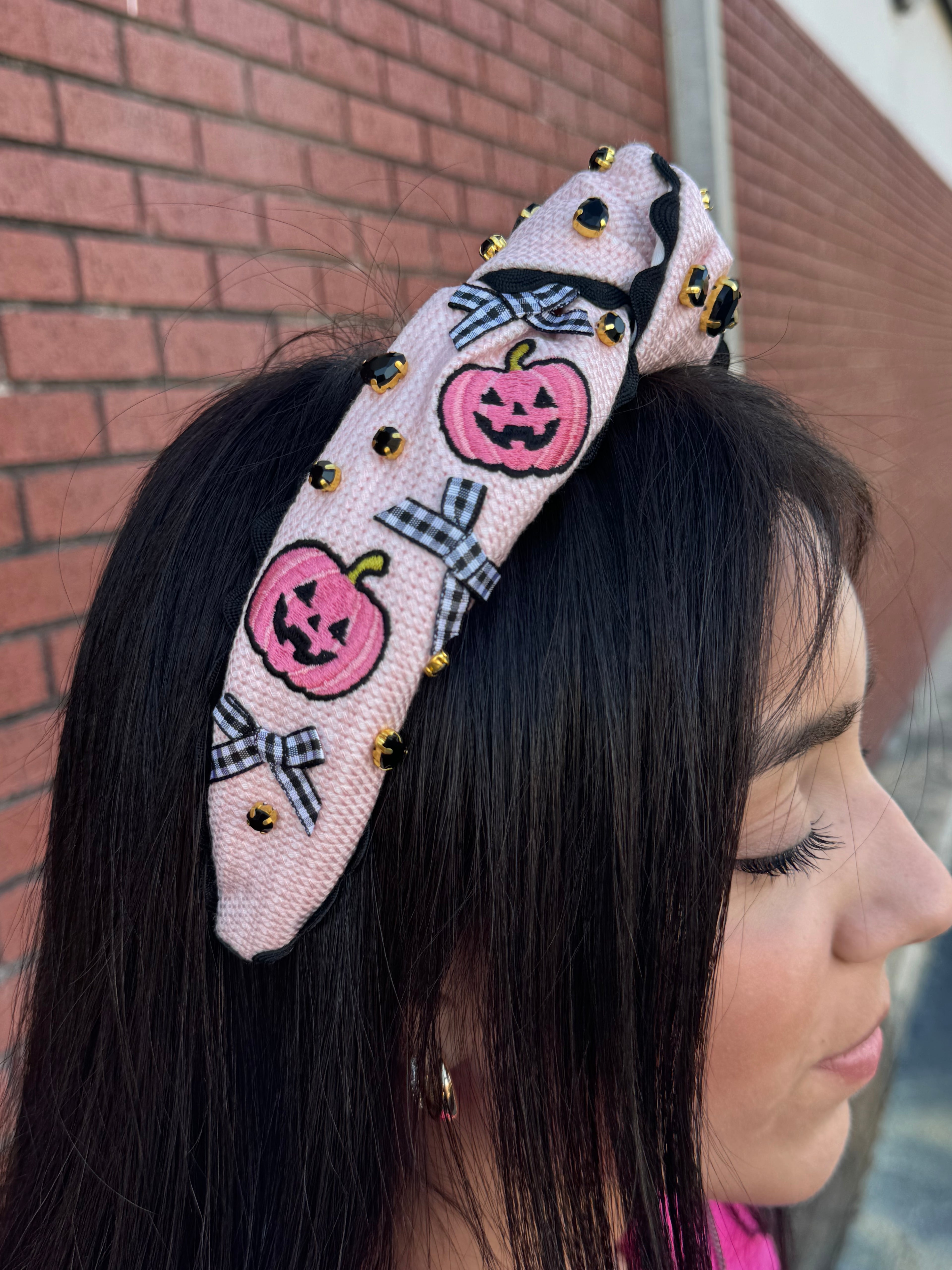 Pink Cross-Stitch Halloween Headband with Embroidered Pumpkins