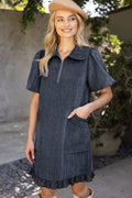 NAVY QUARTER ZIP RUFFLE POCKET DETAIL DRESS