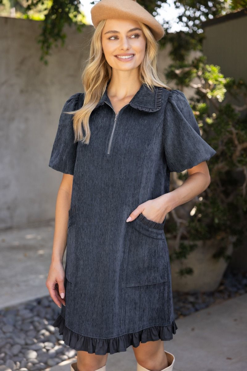 NAVY QUARTER ZIP RUFFLE POCKET DETAIL DRESS