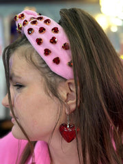 Brianna Cannon Pink Velvet Headband with Red Crystal Hearts