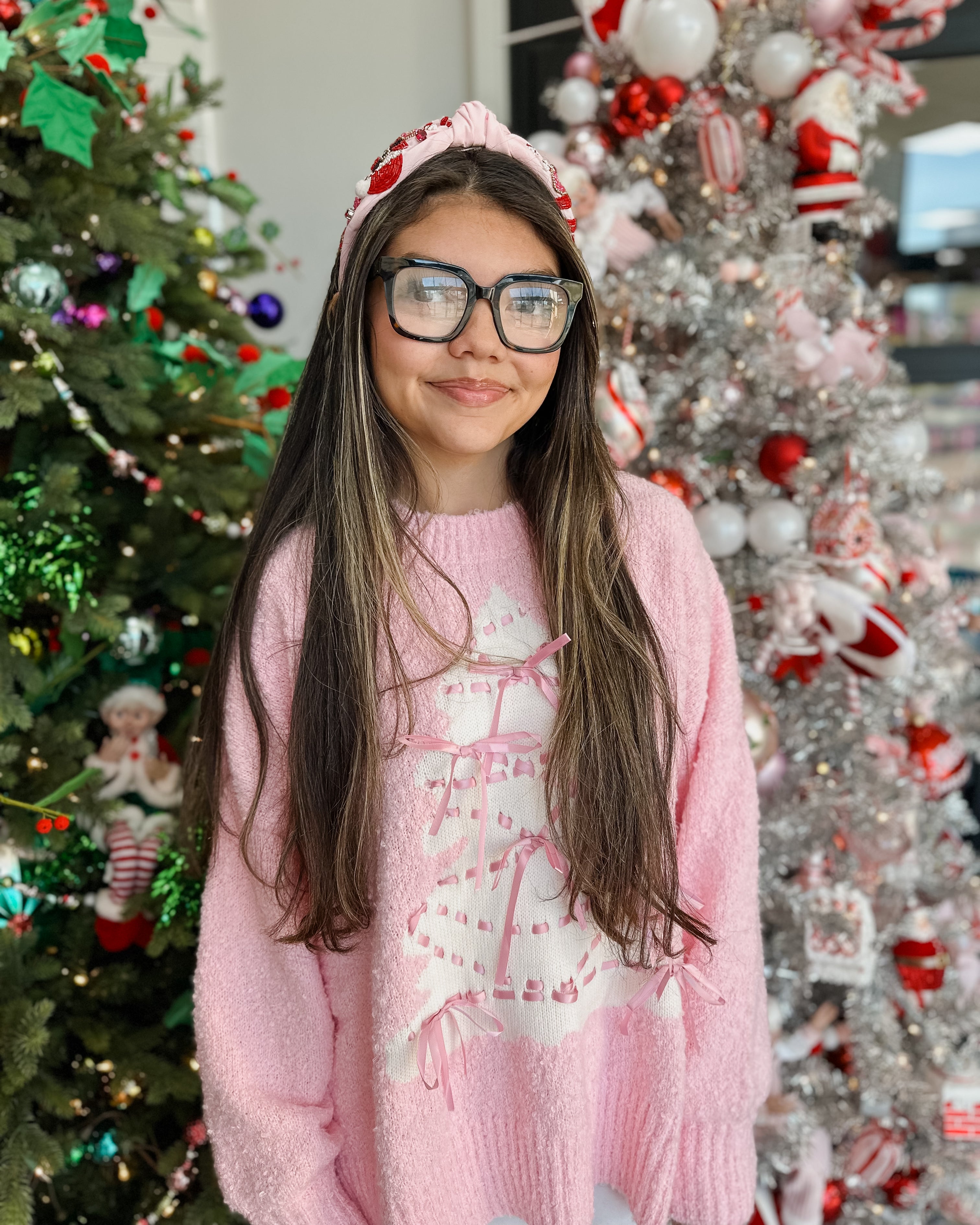 CHRISTMAS TREE W/ SATIN BOW DETAIL SWEATER