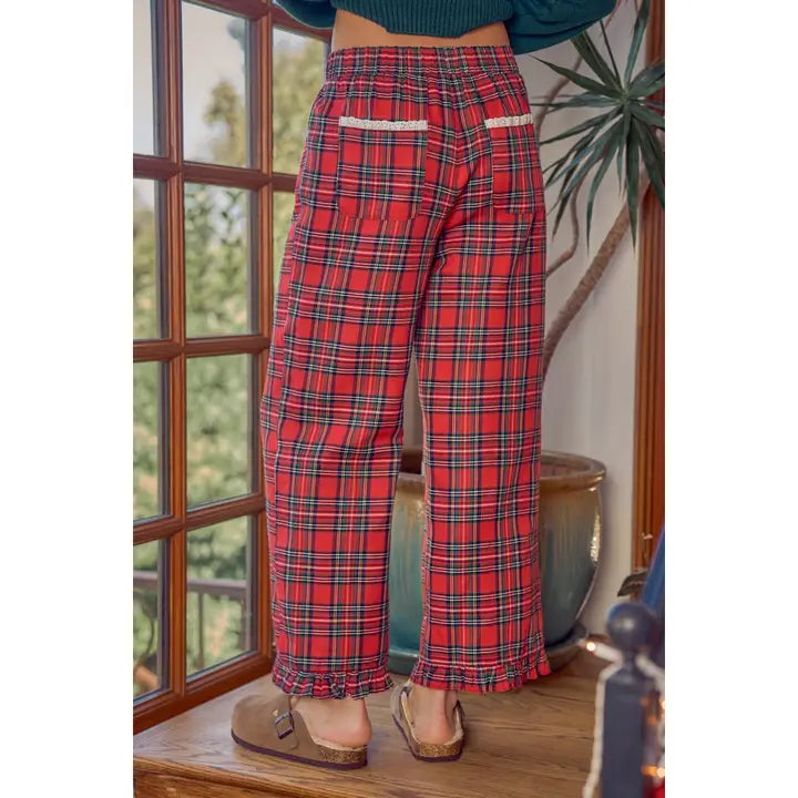 RED TARTAN PLAID RUFFLED BOTTOM DETAIL WITH LACE TRIM PANTS